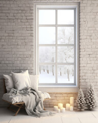 A festive winter interior with a crackling brick fireplace a comfy chair with a heap of cushions and frosted windows to bring in the stunning snowfall.