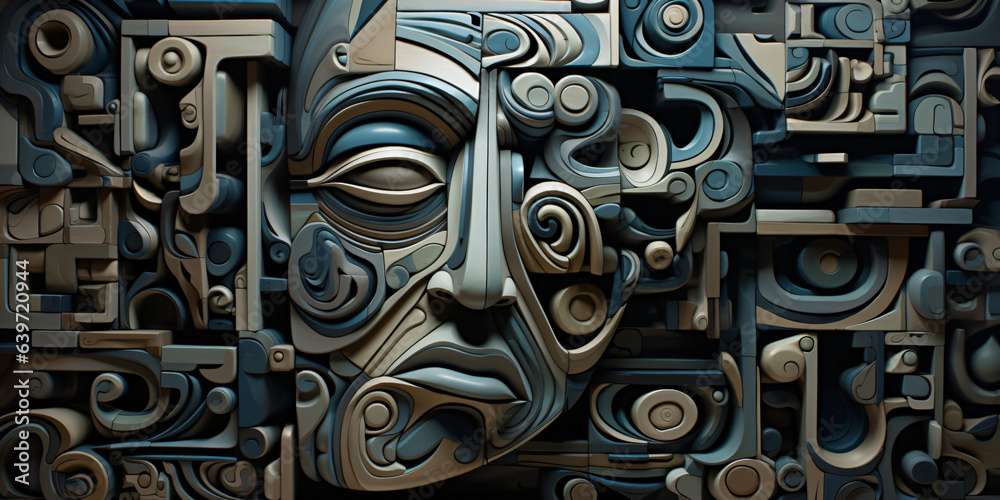 cubistic carved mask, abstract relief wall design Stock Illustration ...