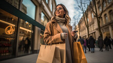 Woman In Shopping. Happy Woman With Shopping Bags Enjoying In Shopping. Consumerism, Shopping, Lifestyle Concept