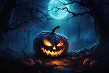 Halloween Spooky Background, Scary Jack O Lantern Pumpkins In Creepy Dark Forest With Bats, Spooky Trees And Moon, Happy Haloween Ghosts Horror Gothic Mysterious Night Moonlight Backdrop.