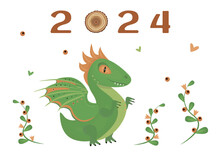 Green Wooden Dragon, The Symbol Of 2024, Greeting Illustration