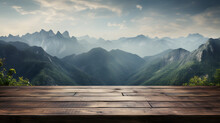 Arafed Wooden Table With A View Of Mountains And Clouds Generative AI