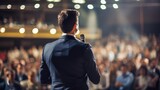 Fototapeta  - a businessman giving a talk to a large crowd on a stage