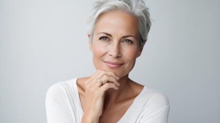 beautiful 50s mid aged mature woman looking at camera isolated on white. mature old lady close up po