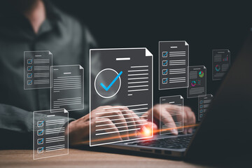Business document management and checklist work performance concept, Businessman use laptop  manage documents online compare statistical data and data checklist, Business development grow