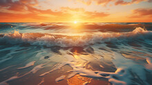 Sunset Over The Ocean With Waves Crashing On The Beach Generative AI