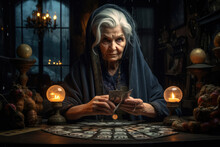 Old Woman Witch Tarot Card Reading On The Table In Dark Room Generative AI