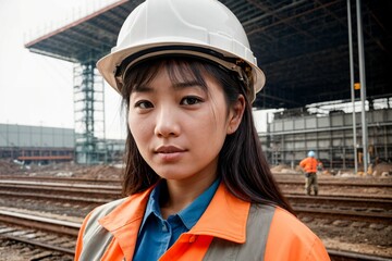 Female industry maintenance engineer in uniform and safety hard hat at factory station, construction and industry