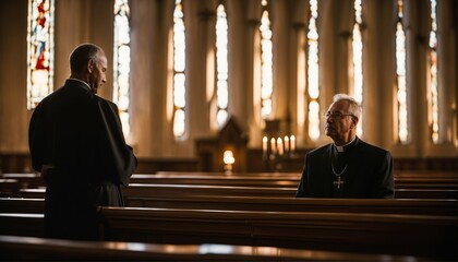 Two faithful priests praying in catholic church, devoted prayer