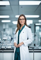 Canvas Print - Medical science laboratory with team of specialists and young woman scientist wearing white coat and glasses copyspace