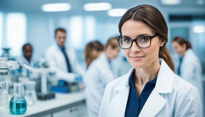 Canvas Print - Medical science laboratory with team of specialists and young woman scientist wearing white coat and glasses copyspace