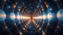A 3D Render Of A Hyperspace Tunnel Lined With Clocks, An Abstract Representation Creating A Surreal Visual Experience Of Time Travel And The Fluidity Of Temporal Dimensions