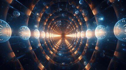 A 3D render of a hyperspace tunnel lined with clocks, an abstract representation creating a surreal visual experience of time travel and the fluidity of temporal dimensions