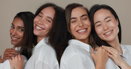 Poster - Women, face and skincare, group diversity with love, support and happy friends in portrait for cosmetics on a studio background. Young people smile together and hug for dermatology, beauty and makeup