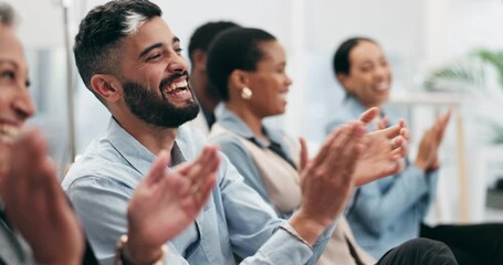 Canvas Print - Happy business people, man and group with applause in seminar, tradeshow and achievement of success. Face, employees and crowd clapping to celebrate workshop, praise and winning award at conference