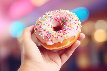 closeup hand hold donut with blur background