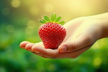 Wall Mural - closeup hand hold strawberry with blur nature