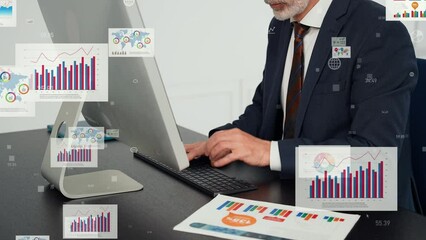 Poster - Middle aged businessperson working in office and digital documents concept. Digital transformation. Management strategy.