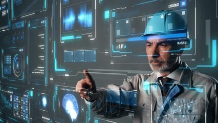 Aufkleber - Middle aged engineer touching futuristic holographic graphical user interface. Industrial technology.