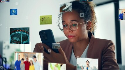 Aufkleber - Young Black woman using a smart phone and holographic movies concept. Streaming video.