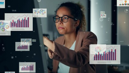 Poster - Young Black woman working in office and digital documents concept. Paperless work. Digital transformation.