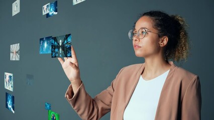 Leinwandbilder - young black woman touching holographic images. virtual reality.