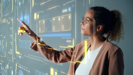 Poster - Young Black woman touching futuristic holographic graphical user interface. Digital technology.