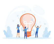 Find Idea Concept. People Try To Find Best Idea. Working Together In The Company, Brainstorming. Flat Vector Modern Illustration