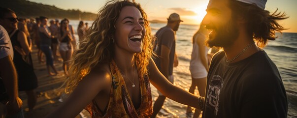 a group of happy teenagers dancing on the beach and drinking cool beer..