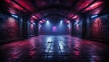 Fototapeta Fototapety przestrzenne i panoramiczne - Dark, gloomy fog, club mist, neon retro brick walls, and an empty hallway corridor room .
