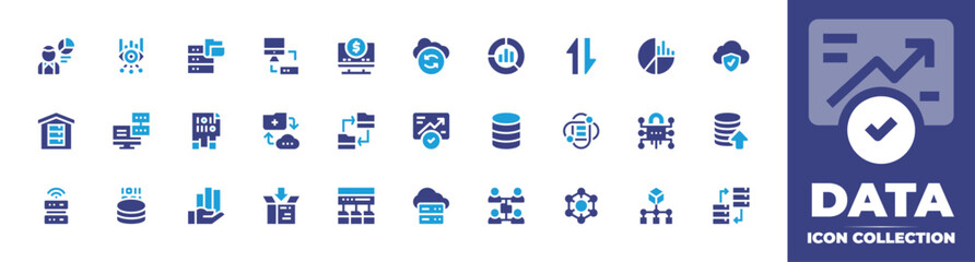 Data icon collection. Duotone color. Vector and transparent illustration. Containing donut chart, mobile data, database, data science, recovery, shared folder, network, pie chart, and more.