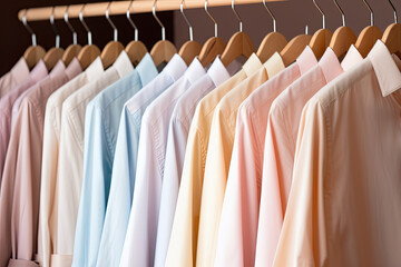 Wall Mural - Close-up of row of shirts on hangers, front view