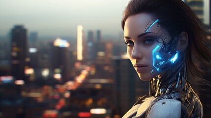Wall Mural - Illustration of AI robot woman or female cyborg robotic lady with Beautiful face and cybernatic Artificial intelligence AI concept