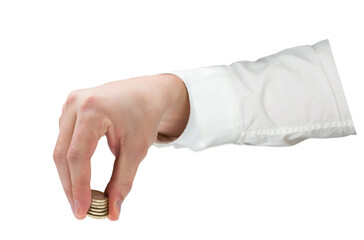 Digital png photo of hand holding coins on transparent background