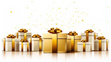 Luxury Gold Gift Boxes With Ribbon Bow Isolated On White Background. Digital Illustration Generative AI.