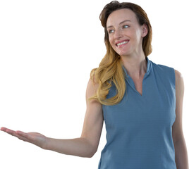 Poster - Digital png photo of caucasian woman presenting with copy space on transparent background