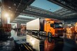 Dynamic logistics hub: Trucks loading, goods moving through warehouses, workers orchestrating, Generated with AI