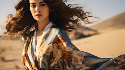 Picturesque woman in desert flowing silk dress gorgeous