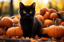 Cute Black Kitten And Orange Pumpkins In Autumn Forest, Funny Pet Sitting Outdoors Looking At Camera. Halloween And October Concept