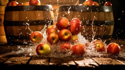  action shot of cider apples falling from a height and splashing into a wooden barrel filled with water