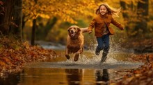 A Photo Of A Girl And Her Energetic Dog Etriever Running Through A Shallow Creek, Their Splashes Sending Ripples Through The Water