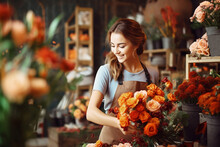 Attractive Woman Florist Working In Flower Shop. Orange Flowers, Autumn Atmosphere