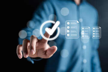 Fototapete - Quality Certificate and Checklist document inspecting target marketing planning assignment with quality management. Standardization, certification. Compliance to regulations service and standards.