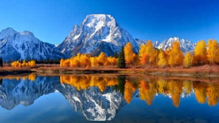 Canvas Print - Painting of Scenic autumn landscape with snow covered mountains, fall foliage, AI Generated image.