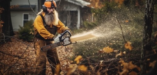 Wall Mural - A beard man is cutting wood in the autumn forest with a chainsaw