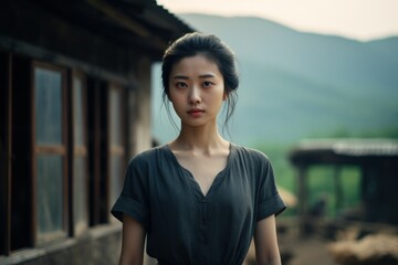 Canvas Print - Beautiful Portrait of a Fictional Traditional Chinese Woman in Rural China. Generative AI.