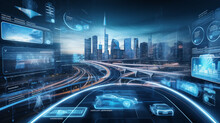 Self-Driving Car Innovation: Futuristic Transportation Meets Smart City Infrastructure. Drone POV, Mixed Media