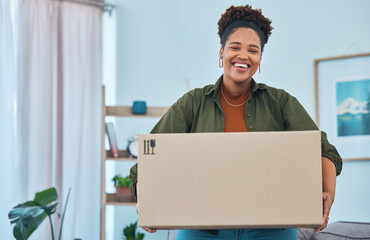 Wall Mural - African woman, box and new house with moving, portrait and smile for fresh start, logistics and excited face. Girl, cardboard package and happy in living room, home and investing in real estate