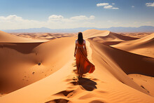 Woman Wanderer Treks Across Desert Dunes, Illuminated By The Midday Sun, With Endless Sands Around And Her Shadow As The Only Companion