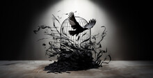 Bird Cage Made Of Black Feathers Chasing A Flying Bird Hd Wallpaper 